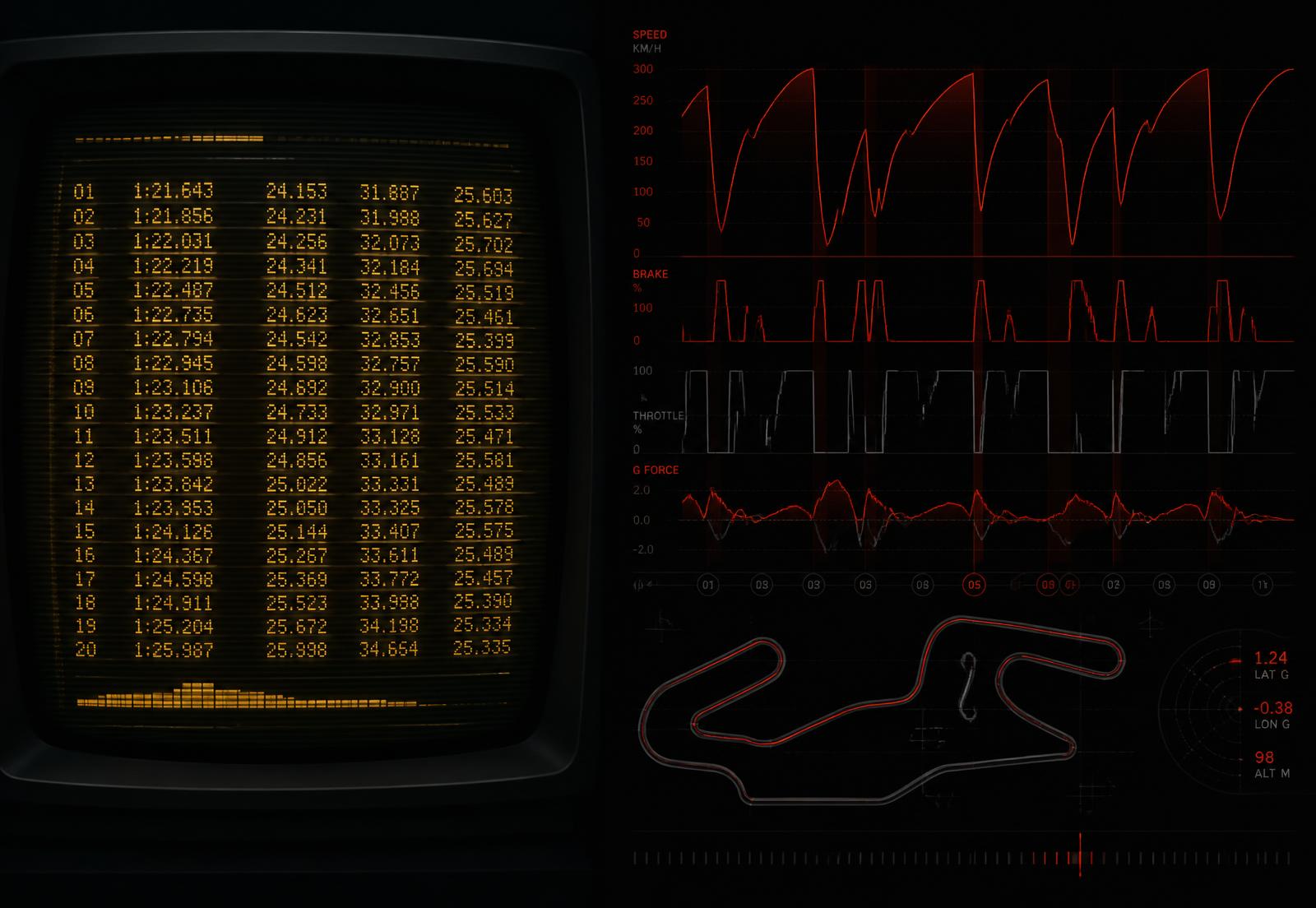 Split composition: an early timing screen of lap times beside a modern telemetry trace and track map